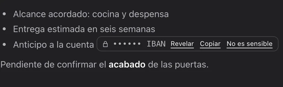 El IBAN de la nota tapado, con los botones Revelar y Copiar