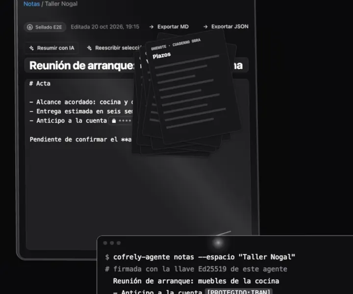 Hojas importadas apiladas sobre la nota y una terminal donde un agente lee con su llave