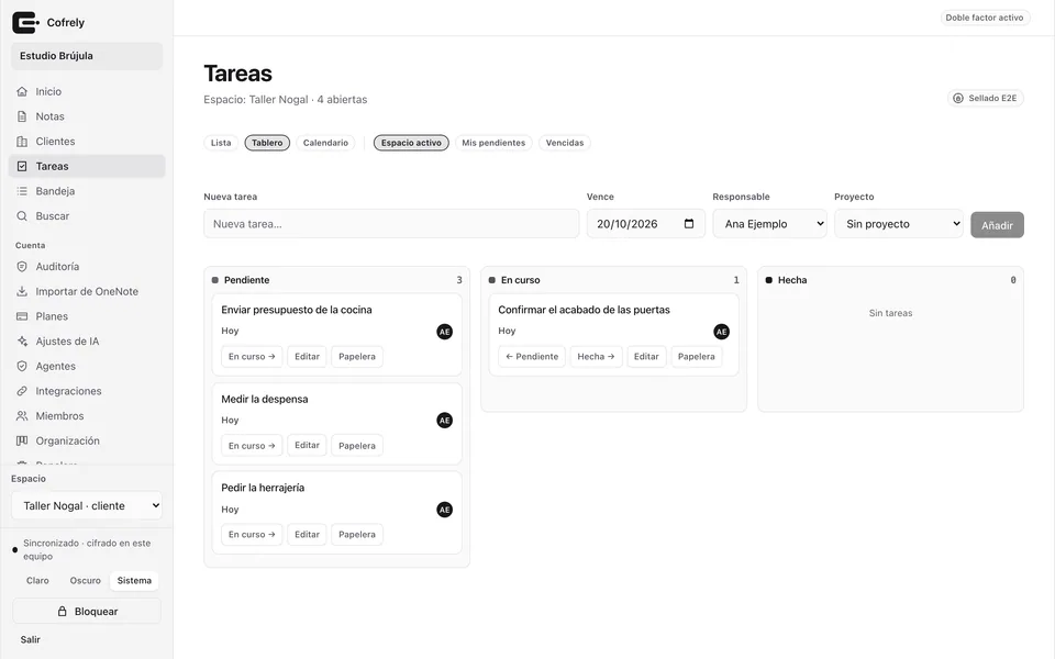Tablero de tareas con columnas Pendiente, En curso y Hecha