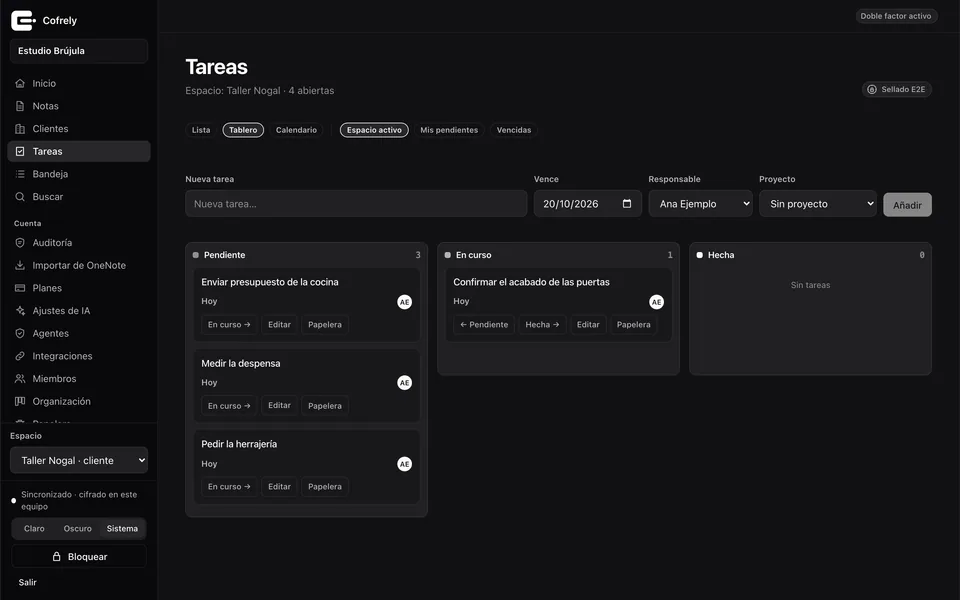 Tablero de tareas con columnas Pendiente, En curso y Hecha
